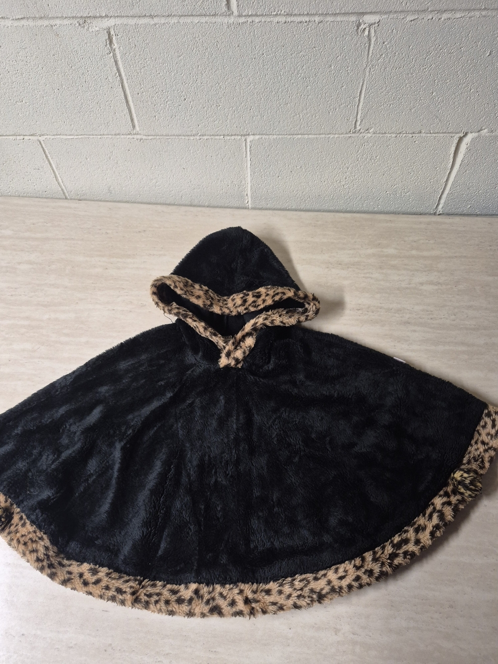Kids Black Faux Fur Hooded Cape with Leopard Trim
